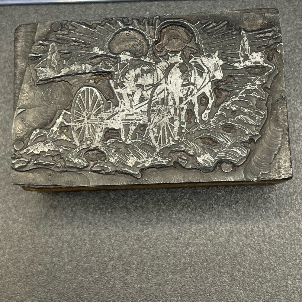 Vintage Antique Typeset Stamp Featuring Two Horses and a Cart